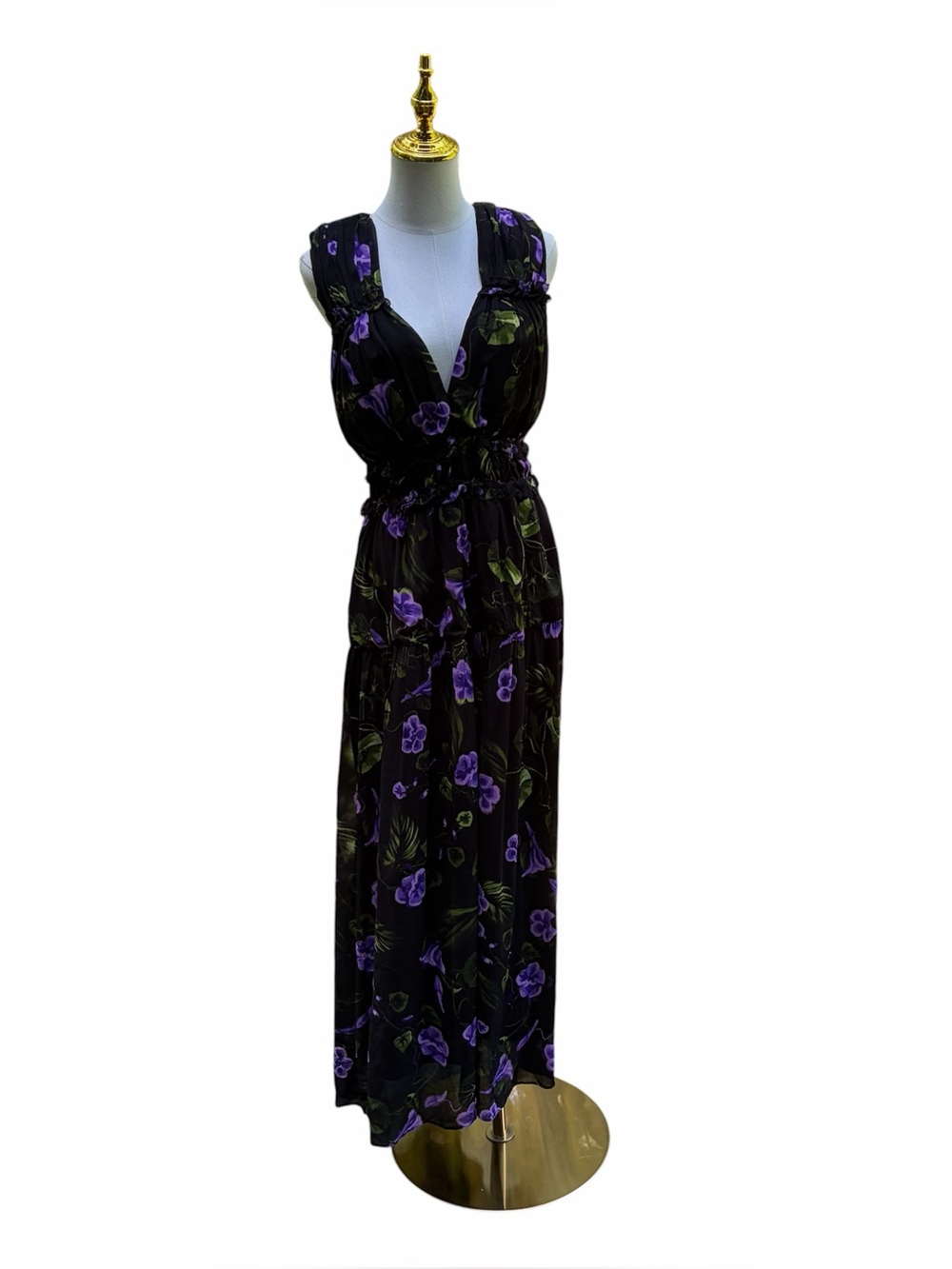 Karina Grimaldi Black Maxi Dress with Purple Floral Print NWT Large